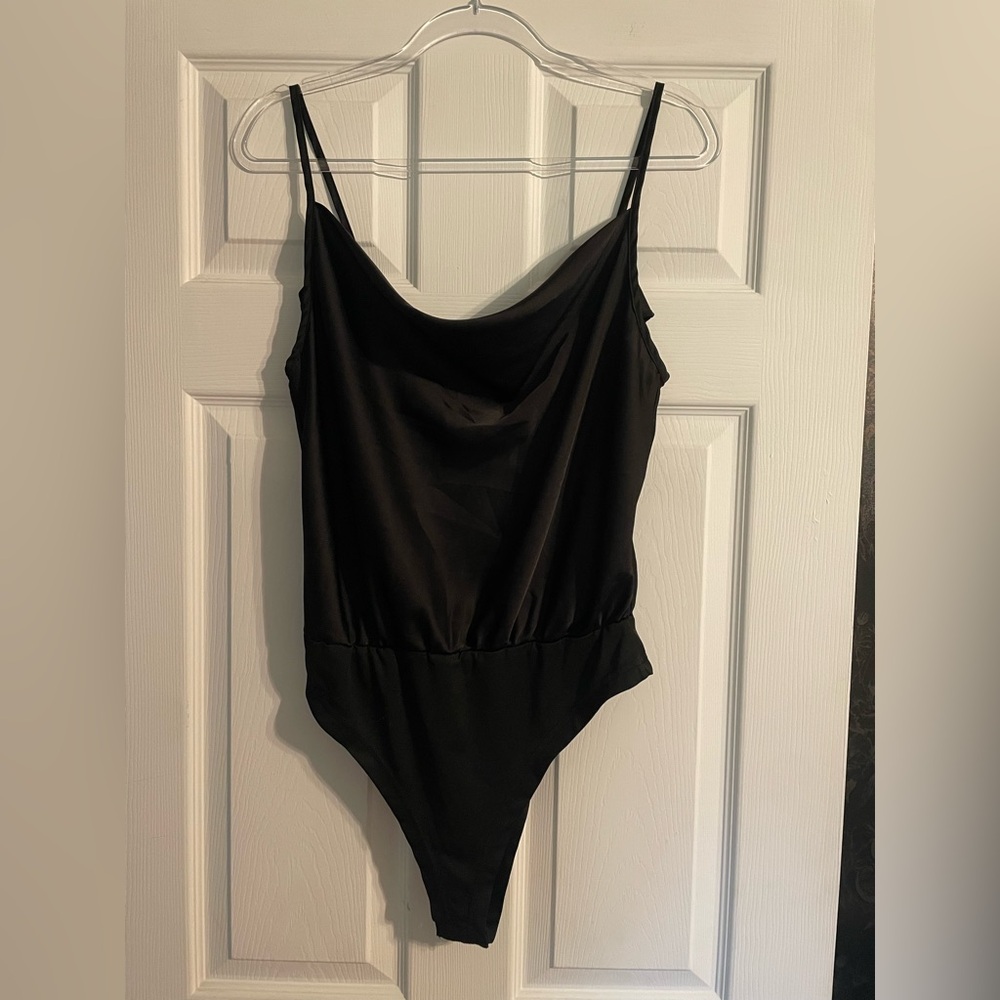 Women's Black Cowl Neck Bodysuit with Thin Straps